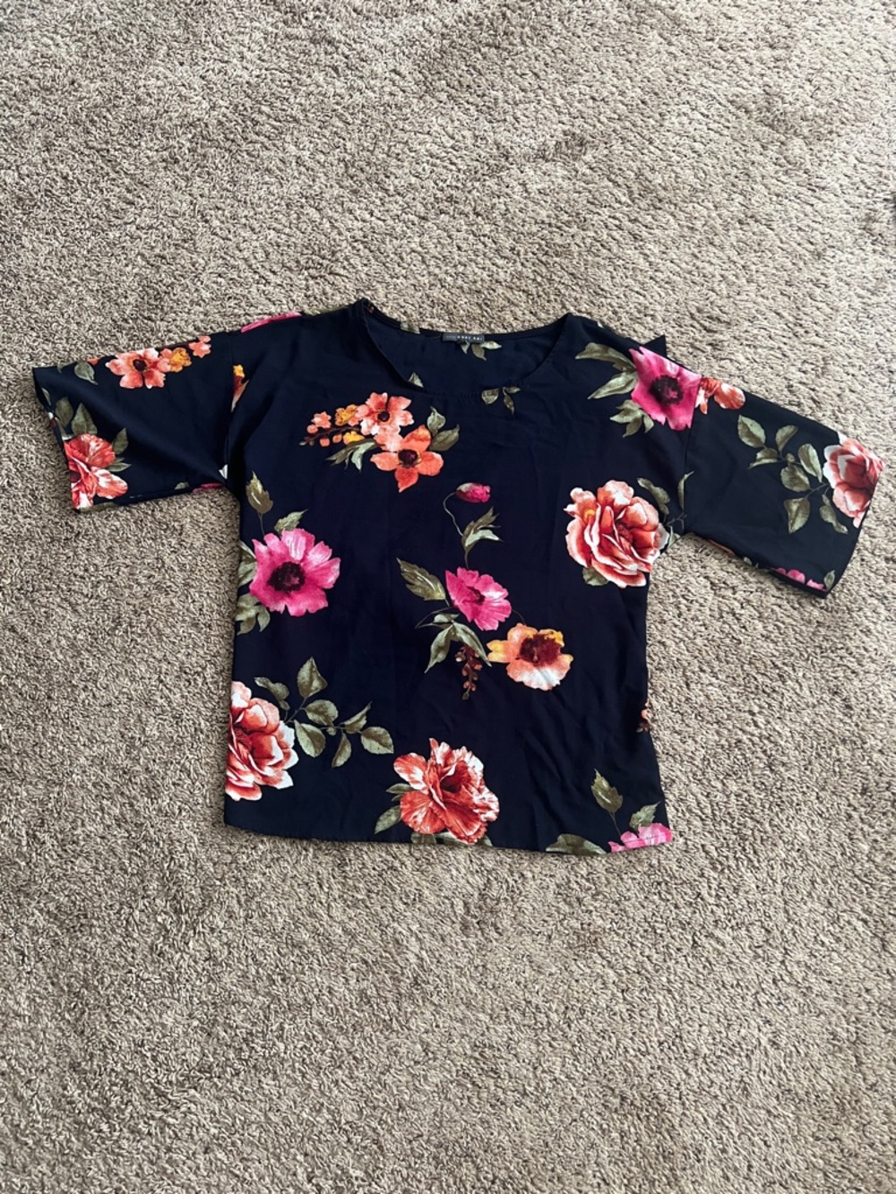 Women's Navy Floral Scoop-Neck Blouse with Pink & Coral Blooms